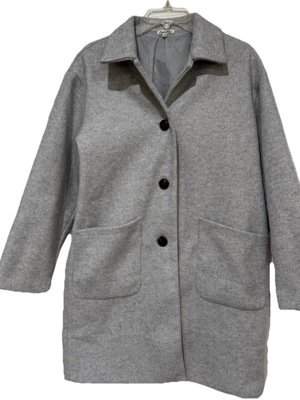 Camellia Women’s Gray Coat Small Lined Button Front Polyester Mid Length
